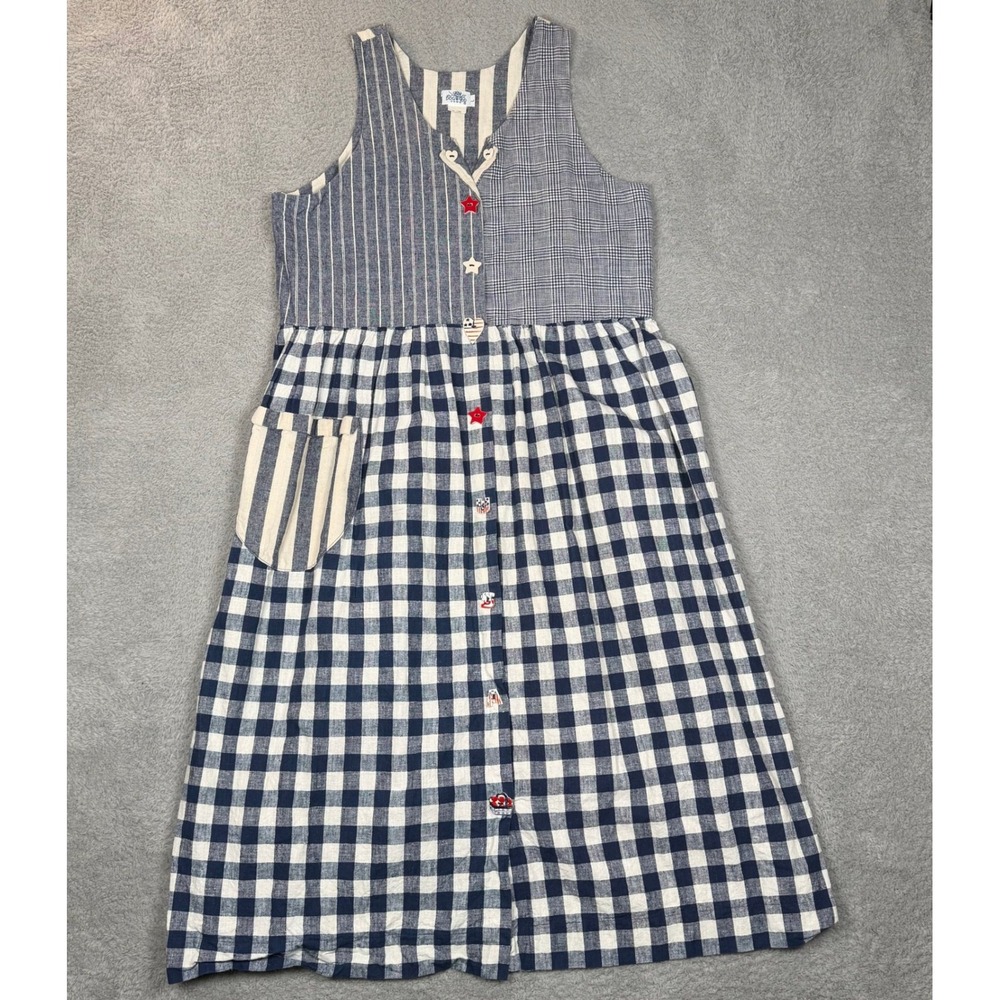 Vintage Dogwood Lane Blue Gingham Linen Blend Patchwork Pinafore Dress L 80s USA